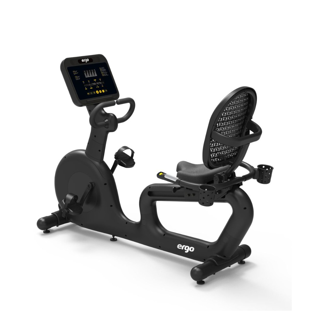Ergo Fitness A-2200G recumbent ergometersykkel med LED-konsoll i helsvart pro-versjon for komfortabel og effektiv trening i bedrifts- og studioinstallasjoner.